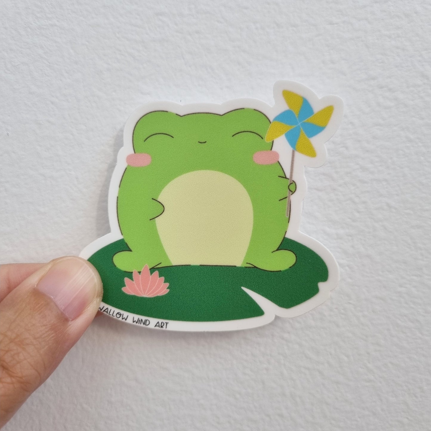 Cute Frog with Pinwheel Vinyl Sticker, Die Cut Sticker, Decorative Sticker