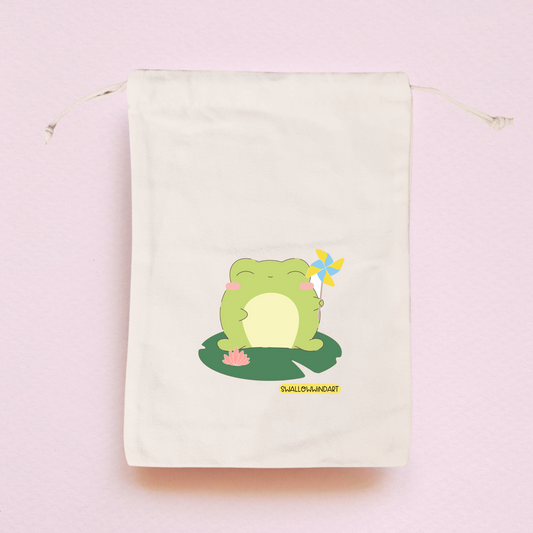 Cute Frog with Pinwheel Drawstring Bag