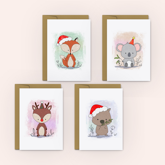 Cute Animals Christmas Greeting Cards - 4 Pack