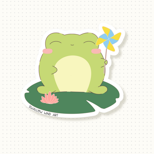 Cute Frog with Pinwheel Vinyl Sticker, Die Cut Sticker, Decorative Sticker